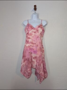 Y2K Fairy Pink Asymmetric Slip Dress Lace Feminine Romantic Coquette Ethereal